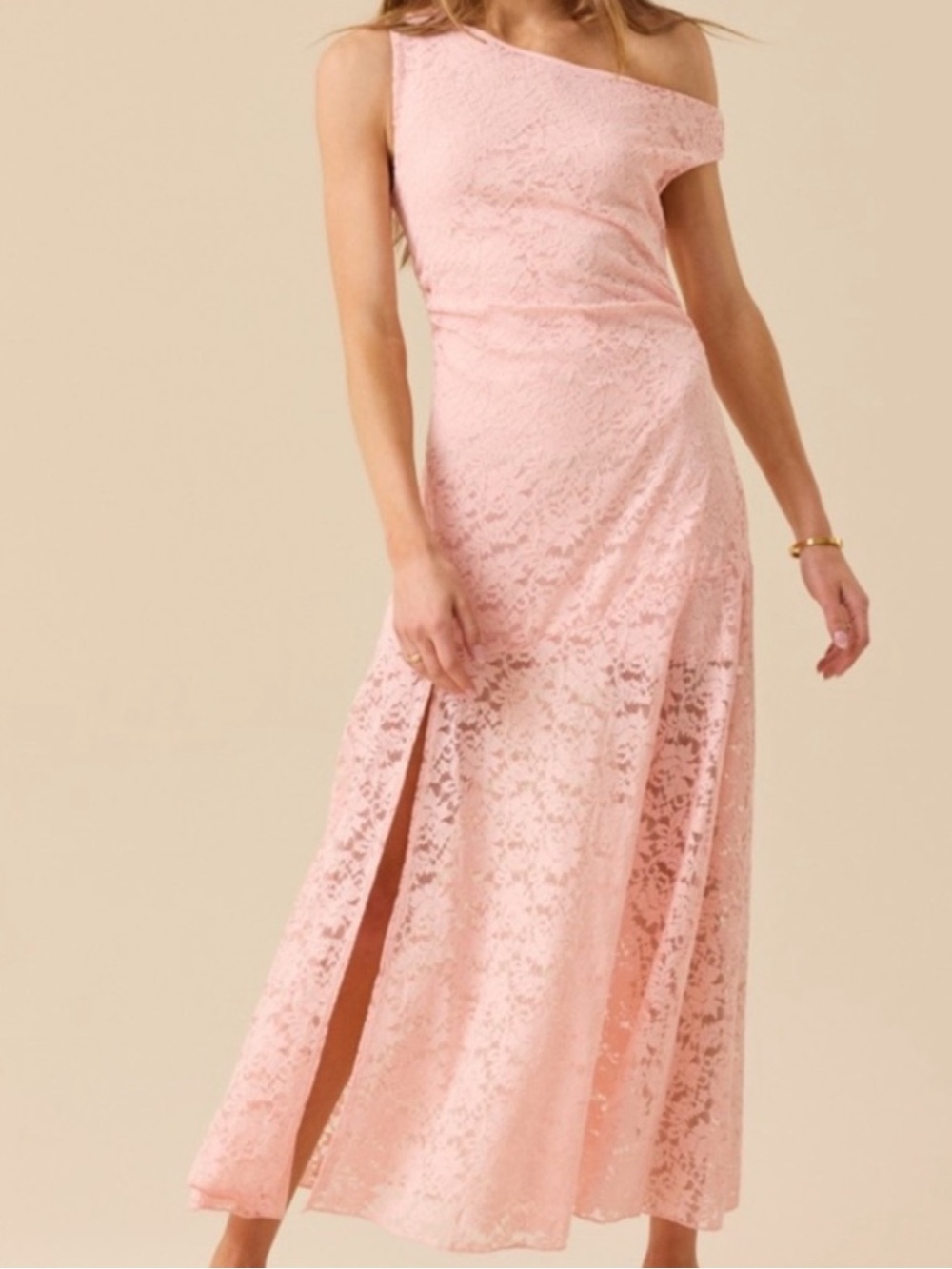 NWT- Altar'd State Pink Boat-Neck Off the Shoulder Lace Maxi Gown with Slit